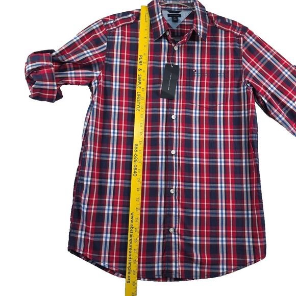 Tommy Hilfiger Button Down Shirt Long Roll Tab Sleeve Boys Size XL 20 Plaid NWT - Picture 6 of 8
